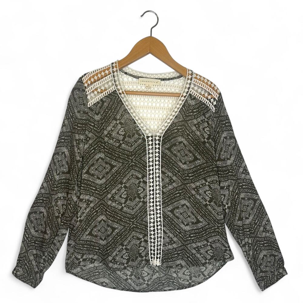 Lovestitch Women's Printed Boho Gauze Top S Olive Cream Embroidered Long Sleeve